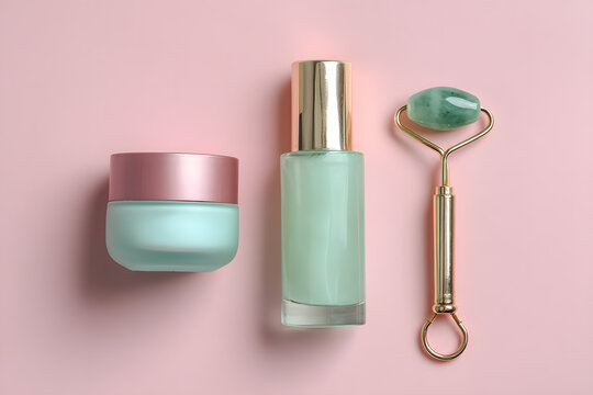 Skincare set with cream, bottle and jade roller on pastel background. Beauty routine concept with minimal cosmetic products and spa tools.
