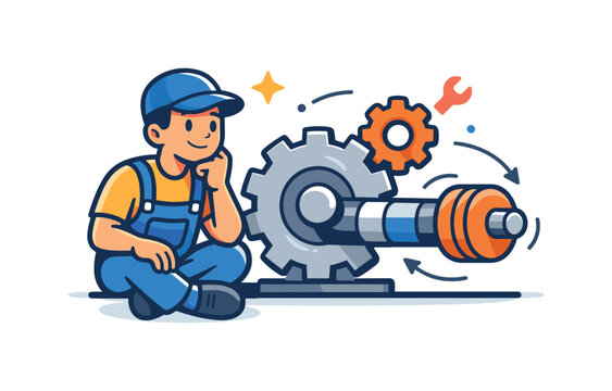 Mechanical engineer gear system conveyed through a focused character seated beside a smoothly rotating gear assembly, reflecting concentration, craftsmanship,