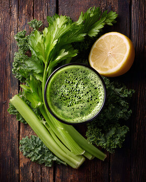 Green vegetable juice with celery kale and lemon on wooden table top view showcasing fresh organic healthy lifestyle composition