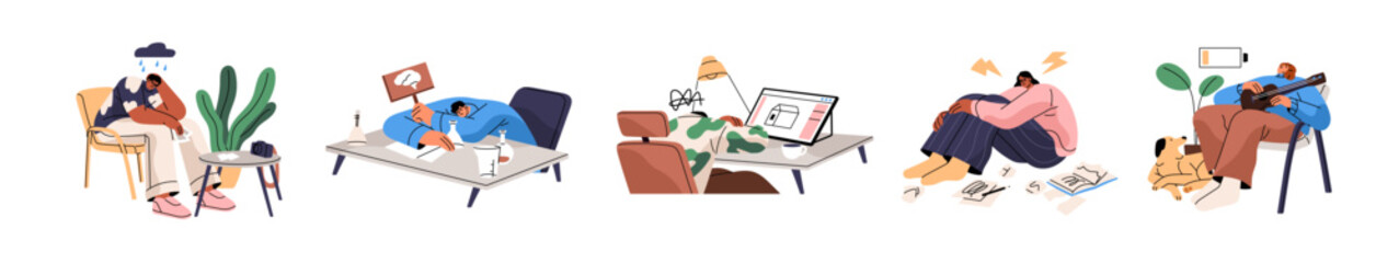 Fototapeta premium Creative burnout concept set. Depressed people with crisis in art. Exhausted characters have work problems, low energy, lack of inspiration and ideas. Flat isolated vector illustrations on white