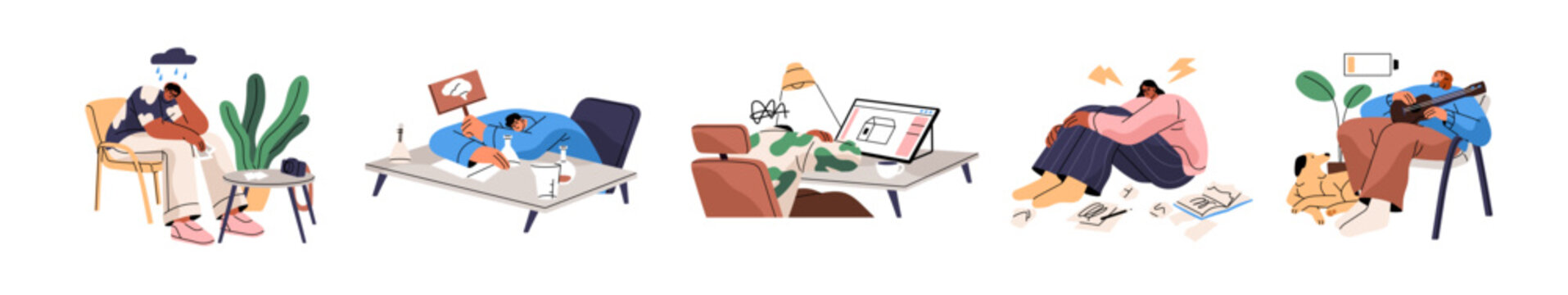 Creative burnout concept set. Depressed people with crisis in art. Exhausted characters have work problems, low energy, lack of inspiration and ideas. Flat isolated vector illustrations on white
