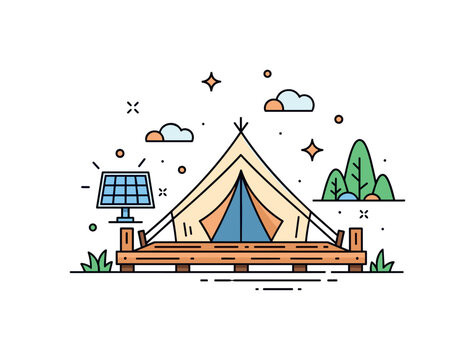 Sustainable glamping experience centered on a stylish safari tent with wooden deck and small solar panel icon nearby. The scene captures the charm of outdoor