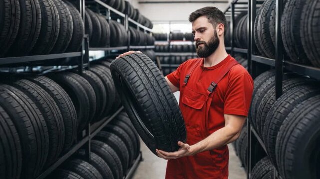 Mechanic holding new tyre inside a tire shop.
