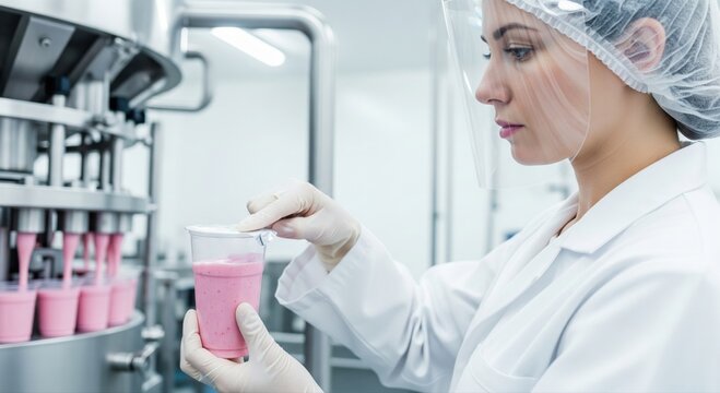 Dairy product manufacturing quality control concept showing officer manufacturer inspecting yogurt cup seal and temperature on clean production line highlighting food safety hygiene precision