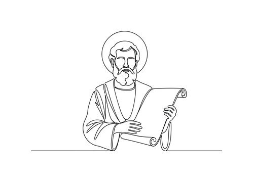 Saint Peter Reading Scripture. Minimalistic one-line drawing Saint Peter holding an open scroll representing teachings, continuous single black line on white