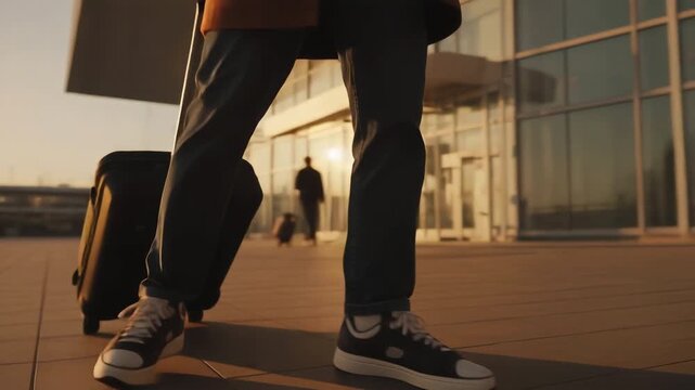 Traveler with roller bag and smartphone at airport terminal during sunset