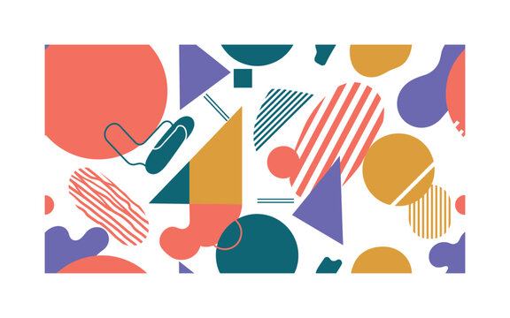 high-energy geometric contrast seamless pattern, abstract shapes, circles, triangles, stripes, blobs and lines in strong complementary bright tones arranged in