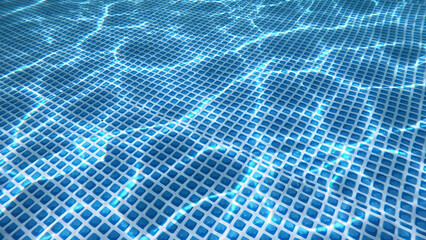 Naklejka premium Close view of a blue swimming pool floor with clear water and sun reflections. Concept for summer, recreation, wellness, travel, sport, pool care, cleanliness, and background design.