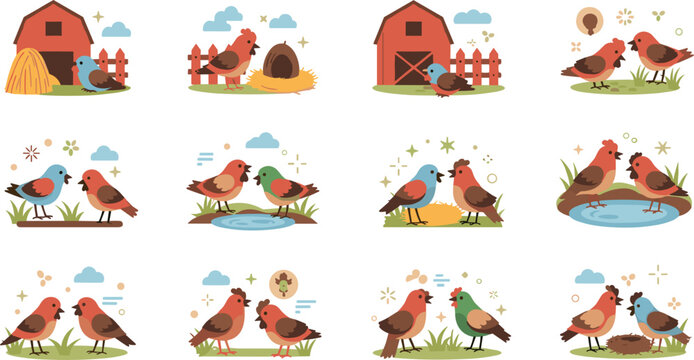 Farm birds set with chickens and roosters in countryside scenes, barnyard animals and rural life cartoon vector illustration collection
