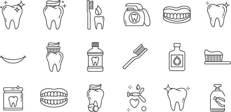 Dental hygiene and oral care icons set with toothbrush, toothpaste, mouthwash and healthy teeth outline vector illustration collection