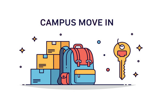 Campus move in day scene a student backpack beside stacked boxes and a dorm key icon capturing the excitement and organization of starting life on campus.