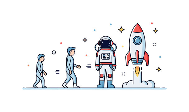 Evolution to astronaut future simplified progression from early human to space explorer standing beside a rocket ready for launch. Visual story of innovation