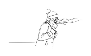Fototapeta premium Cold Breeze. Minimalistic one-line drawing individual bracing against a gust of cold wind with coat collar up, continuous single black line on white
