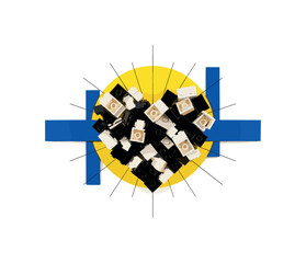 Naklejka premium Black and white scattered LEGO pieces arranged into a heart shape, vivid yellow circle centered behind, deep blue rectangular fragments reinforcing symmetry,