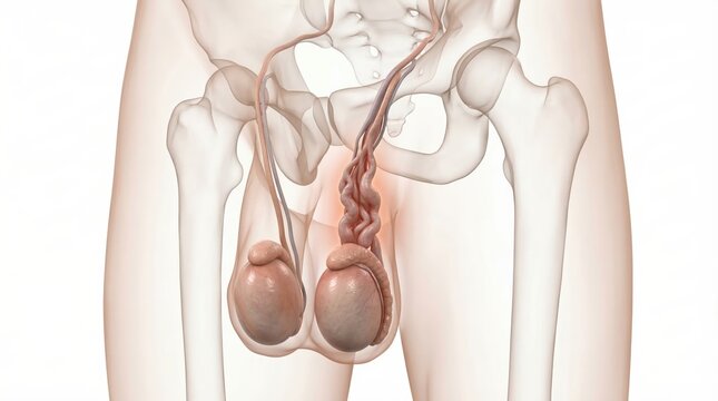 Varicocele medical visualization showing abnormally dilated pampiniform plexus veins and scrotal vascular swelling inside ghostly pelvic contour for clinical urological diagnostic illustration
