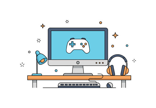 Gaming desk setup featuring a monitor with a simple game controller icon on screen while headphones and a small keyboard rest on the desk. The scene captures