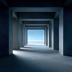 Naklejka premium Modern concrete corridor with geometric columns, blue light, open sea view, minimal architecture, tranquil atmosphere, high fidelity