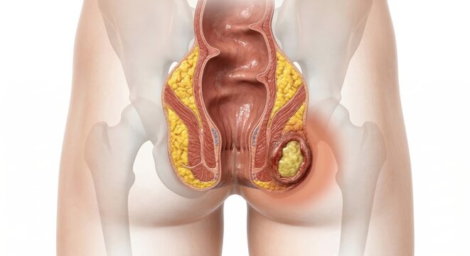 Perianal abscess medical visualization showing localized infection and pus-filled cavity near anal sphincter muscle inside ghostly pelvic contour for clinical diagnostic illustration