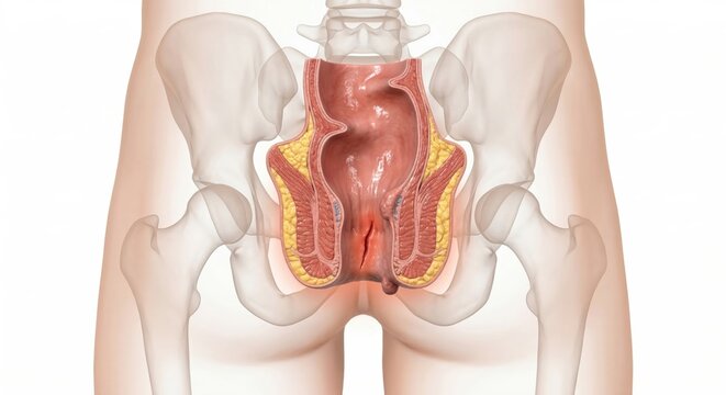 Anal fissure medical visualization showing tear in anal canal lining mucosal sentinel pile inside ghostly pelvic contour for clinical diagnostic proctological illustration