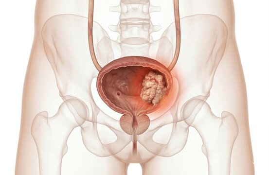 Bladder carcinoma medical visualization showing a papillary tumor mass protruding from the mucosal wall inside a ghostly pelvic contour for clinical oncology diagnostic illustration