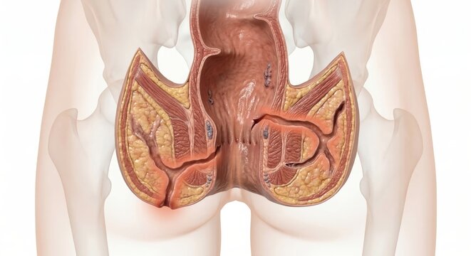 Anal fistula medical visualization showing abnormal tunnel passing through sphincter muscle inside ghostly pelvic contour for clinical diagnostic proctological illustration