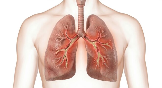 Chronic bronchitis medical lung visualization showing inflamed bronchial walls and excessive mucus production inside ghostly chest contour for clinical respiratory diagnostic illustration