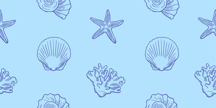 Seamless seashell pattern in blue colors. Marine coastal print with starfish, coral, sea and ocean shells in line art style. Beach themed background.