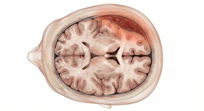 Subdural hematoma medical brain visualization showing crescent blood accumulation between dura mater and arachnoid layers inside ghostly head contour for clinical diagnostic illustration