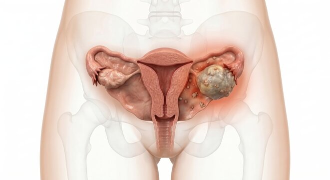 Ovarian cancer medical visualization showing an irregular tumor mass distorting one ovary, subtle peritoneal implants inside ghostly pelvic contour clinical oncology diagnostic health illustration