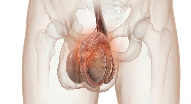 Epididymitis medical visualization showing inflamed swollen epididymis and scrotal inflammation inside ghostly pelvic contour for clinical urological diagnostic illustration