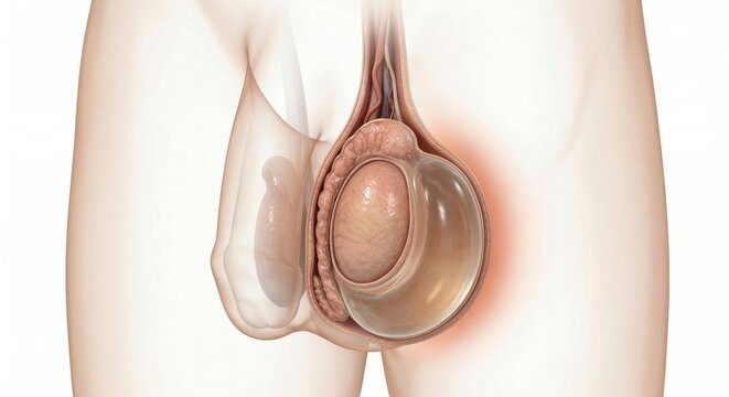 Hydrocele medical visualization showing fluid accumulation within tunica vaginalis layers inside ghostly scrotal contour for clinical urological diagnostic health illustration