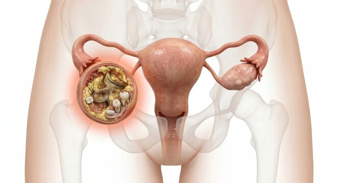 Dermoid cyst ovarian teratoma medical visualization showing complex internal tissue including hair and calcifications inside ghostly pelvic contour for clinical diagnostic illustration