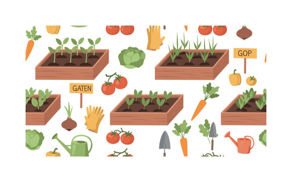 urban backyard garden seamless pattern, raised vegetable plots, seedlings, gardening gloves, watering cans, trowels, garden markers and various vegetables