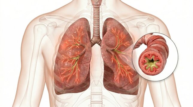 Asthma medical lung visualization showing bronchoconstriction and airway inflammation inside ghostly chest contour for clinical respiratory diagnostic health illustration for pulmonology