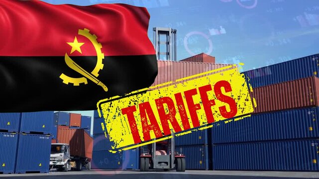 The Angolan Flag and Container Terminal Under a "TARIFFS" Stamp: A Symbol of Trade Protectionism and Economic Friction. These are punitive tariffs imposed on key industries or product lines.