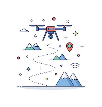 Drone surveying outdoor terrain drone flying above a winding trail and small mountain shapes while dotted route lines suggest mapping and observation. The