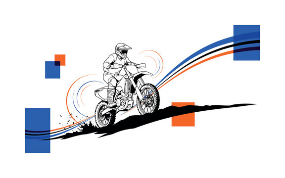 black and white dirt bike rider accelerating over uneven terrain, realistic cut-out figure and motorcycle with white outline, circular dust halos and dynamic