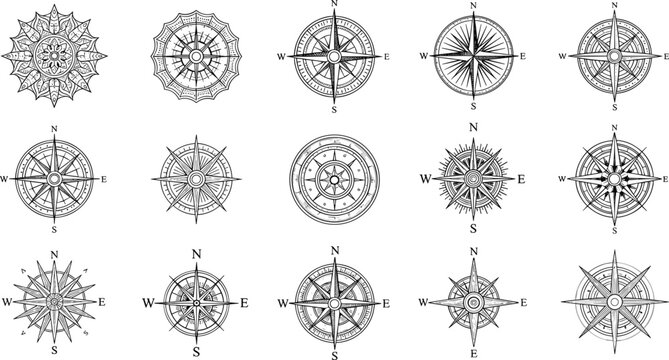 Vintage compass roses collection with detailed wind directions, navigation symbols and nautical elements outline vector illustration set