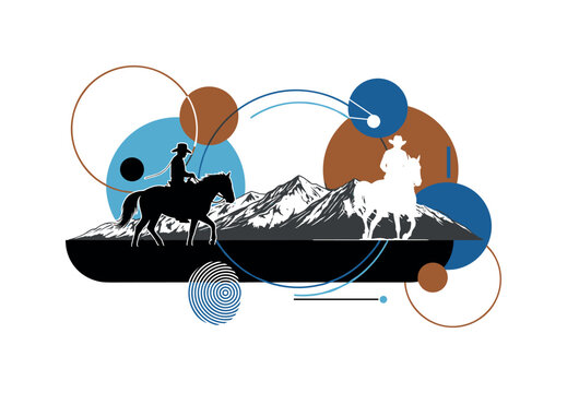 rider silhouetted against mountain horizon abstract circles lines and geometric shapes representing ranching adventure black and white retro human and horse