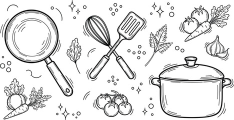Hand drawn kitchen utensils and vegetables doodle set with pan, pot, whisk and ingredients, black and white cooking vector illustration collection © MdNazmul