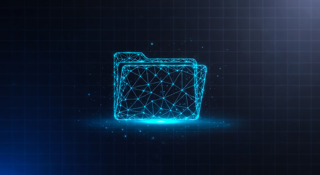 Futuristic cyber folder with interconnected nodes, symbolizing digital storage, data networks, and tech innovation in a neon blue theme.
