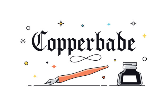 Copperplate calligraphy elegant script showcased through flowing ornamental letterforms with delicate entry and exit strokes, accompanied by a classic dip pen