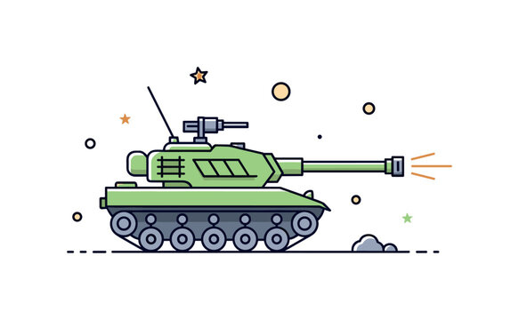 Ground warfare machine a tracked army tank with reinforced armor and prominent cannon positioned as a symbol of protection and offensive capability. Minimalist