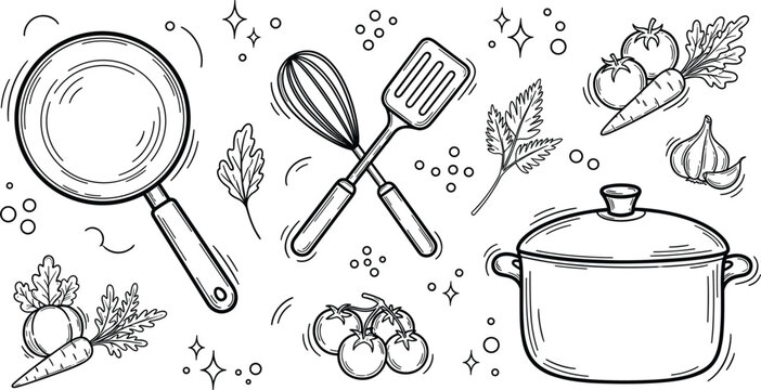Hand drawn kitchen utensils and vegetables doodle set with pan, pot, whisk and ingredients, black and white cooking vector illustration collection