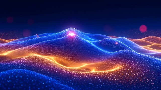 Glowing digital landscape of blue and orange particle wave neon glowing abstract futuristic terrain with shimmering particle grid luminous peaks soft bokeh lights conveying energy motion and depth