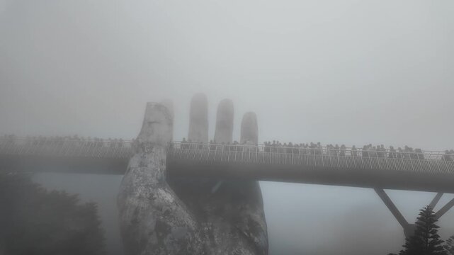 Mystical Golden Bridge Held by Giant Stone Hands in Deep Fog, Ba Na Hills, Vietnam