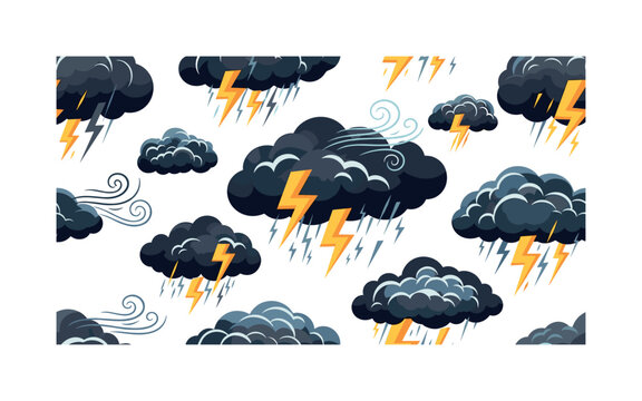 stormy cloud icons seamless pattern, repeating pattern, surface design, textile print, modern illustration of dark clouds with lightning bolts and wind swirls,