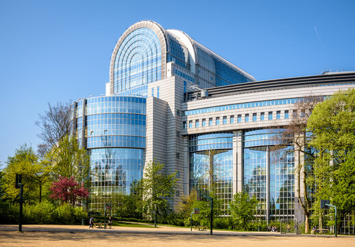 Brussels, Belgium - April 18, 2019: The Paul-Henri Spaak building houses the hemicycle, the debating chamber of the European Parliament and the President's offices since 1994.