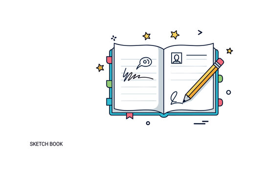 Sketchbook creativity showing an open notebook with a simple doodle and a pencil resting across the page. Small stars and playful marks suggest spontaneous