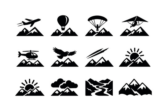 Flying Over Mountains. Solid icon set of Flying Over Mountains: airplane over mountains, hot air balloon over mountains, paraglider over mountains, hang glider